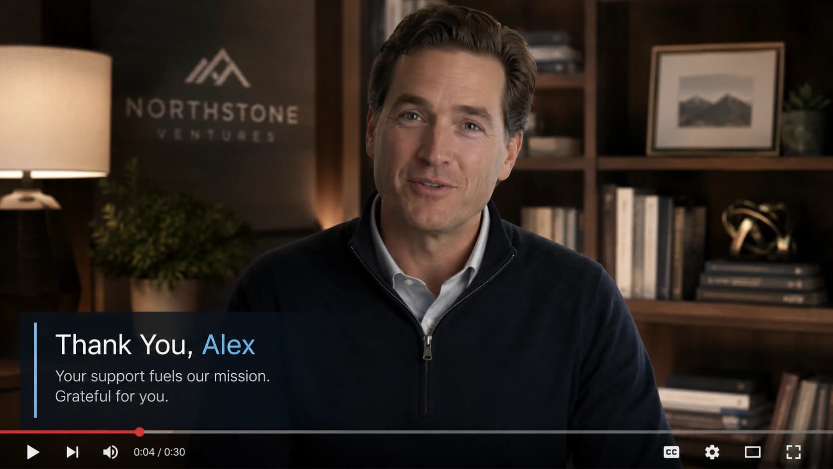 Founder’s digital twin delivering a thank-you video with the recipient’s first name in an on-screen title