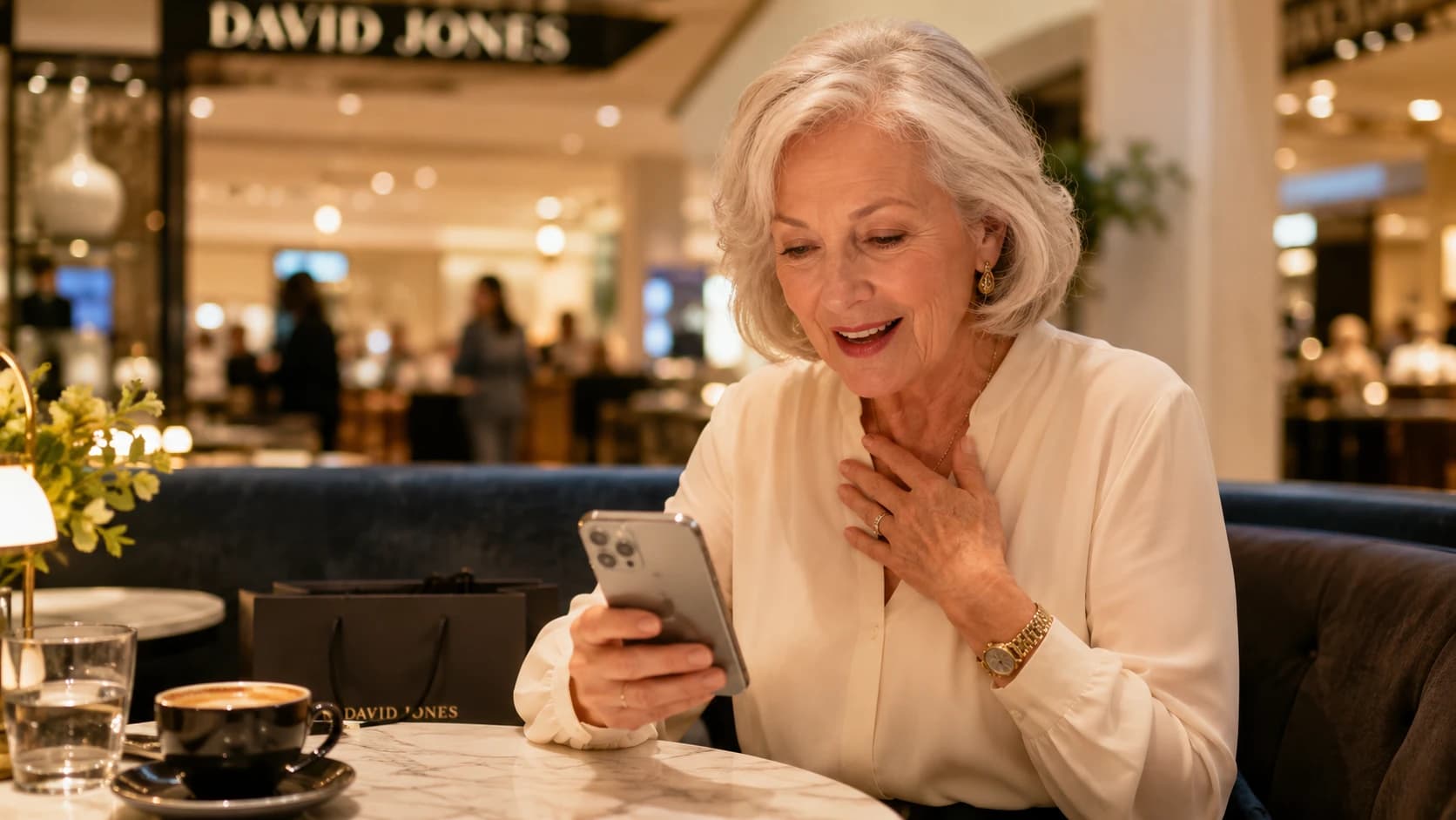 Older customer delighted by a personal video message on her phone in a department store café