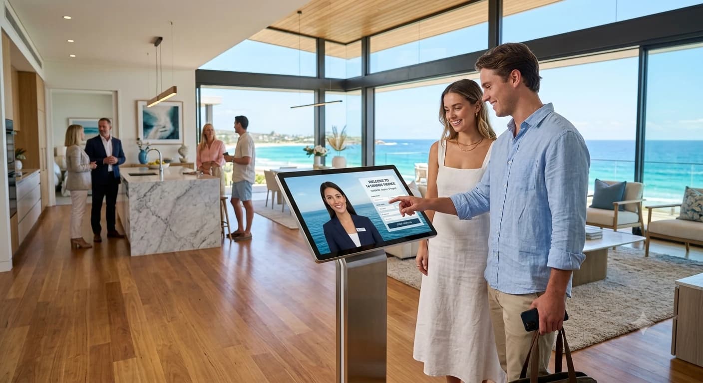 Couple checking in with an AI avatar on a standing kiosk at a real-estate open home inspection