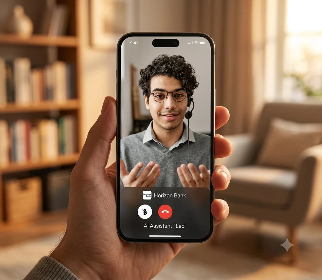 Person on a sofa using a banking app's AI avatar account-help screen on a smartphone