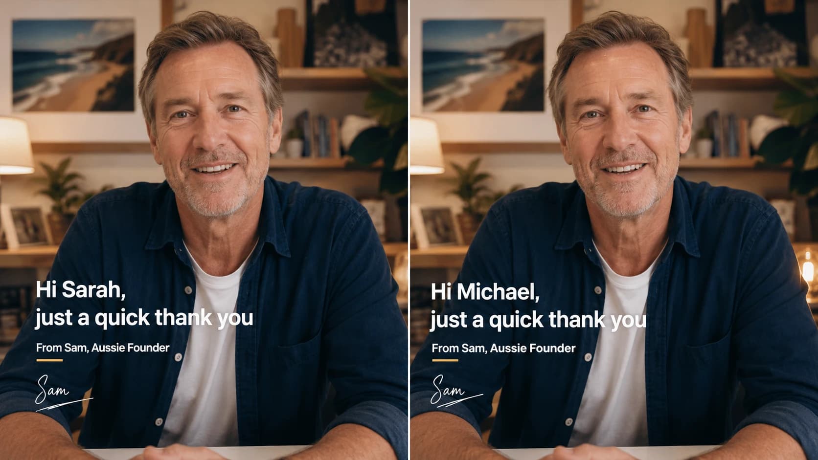 Split-frame of an Australian founder delivering two personalised thank-you video messages to different customers