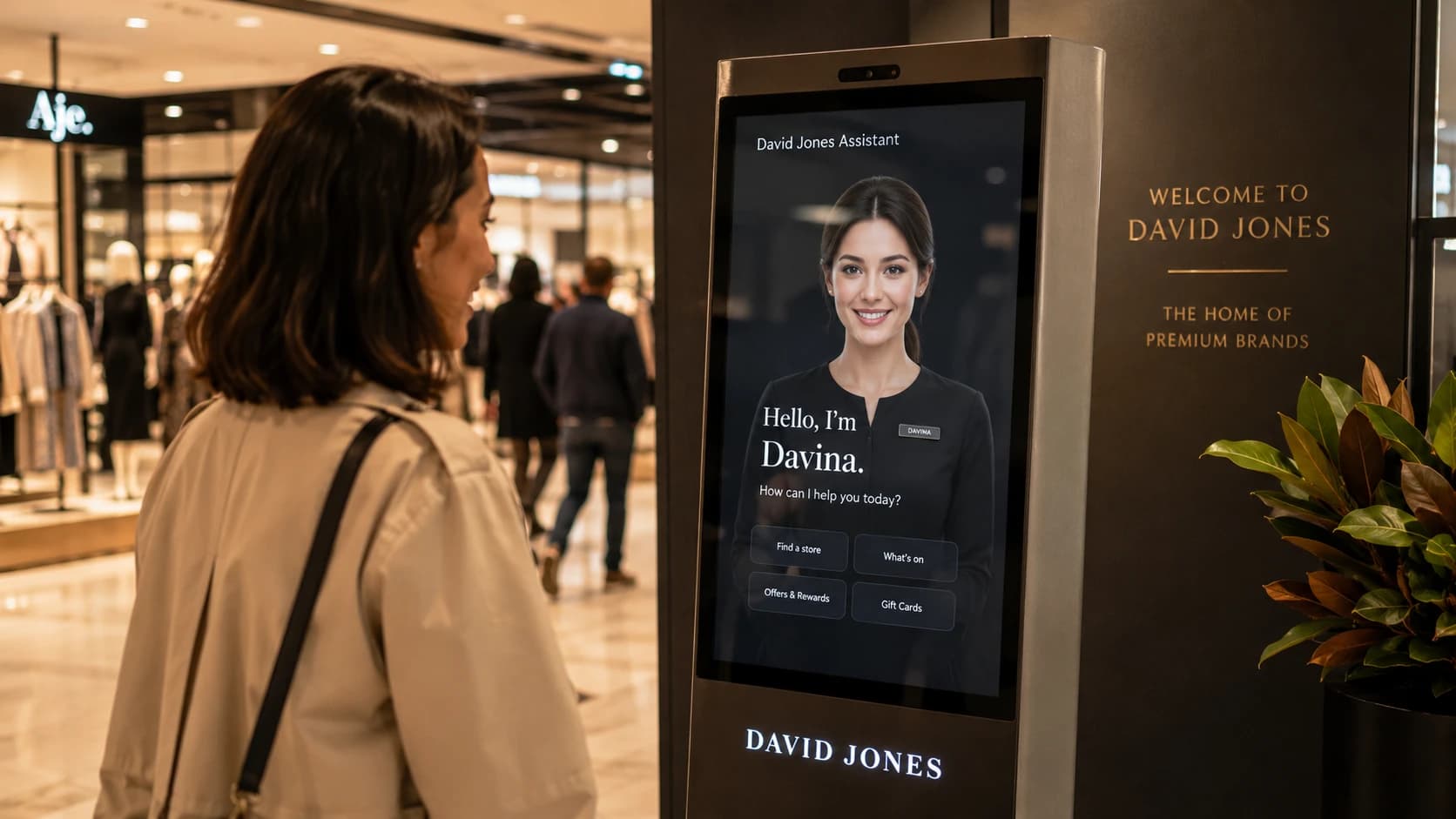Customer speaking with a friendly AI avatar greeter on a kiosk at a department store entrance