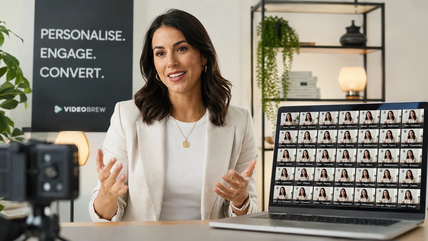 Saleswoman recording once with a laptop showing a grid of personalised outreach videos generated from that take
