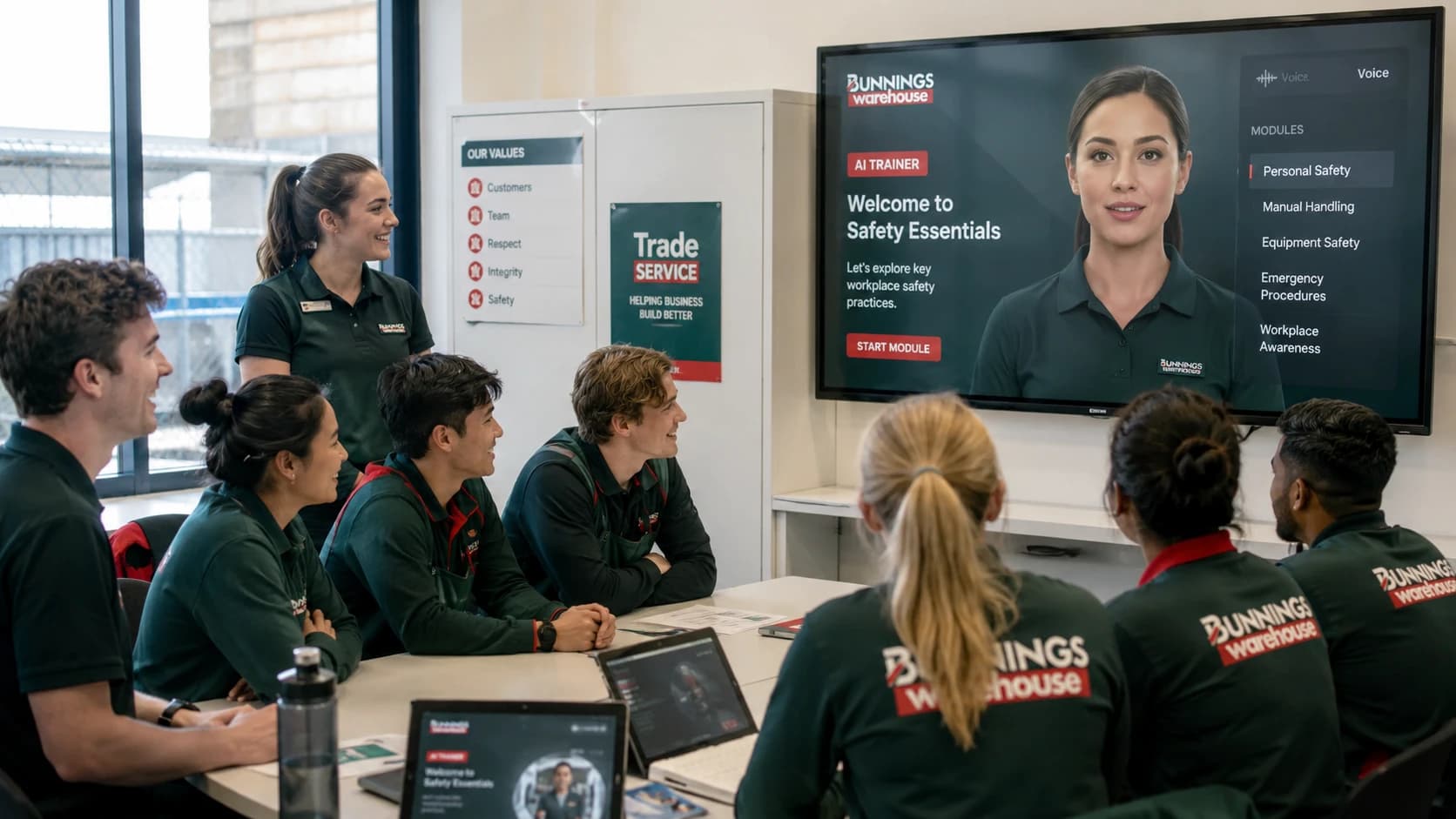 Australian retail staff watching an AI avatar trainer on screen in a back-of-house training room