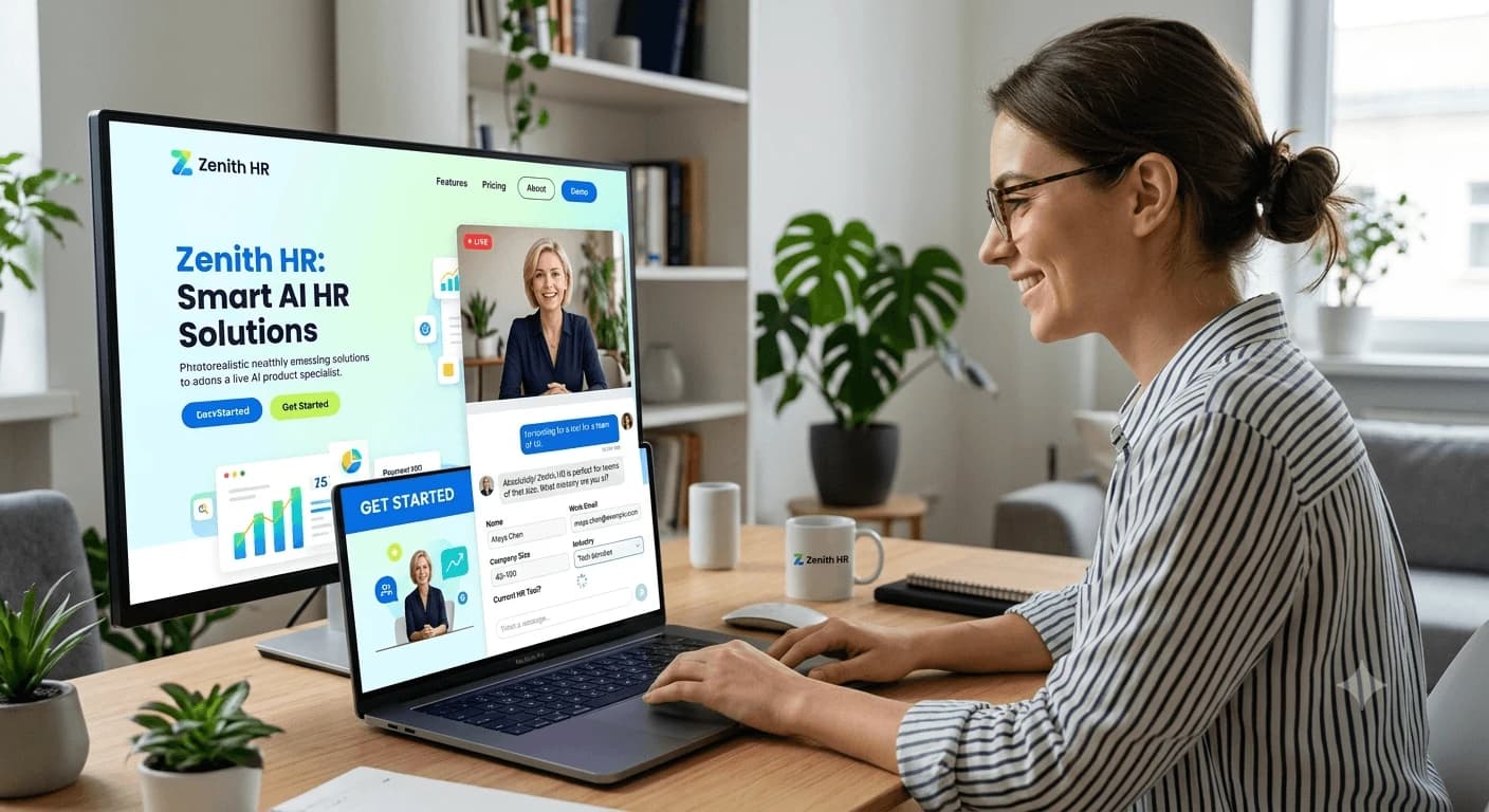 Website visitor talking with a live AI avatar product specialist embedded in a landing page while a qualification form fills itself