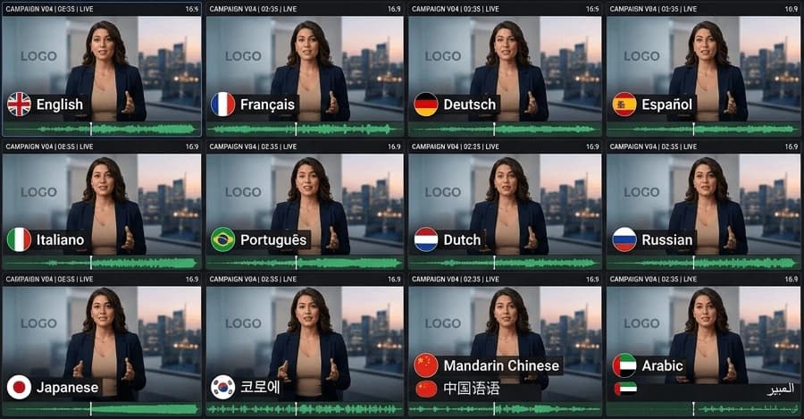 One campaign video tiled into multiple language versions with the same presenter across every tile