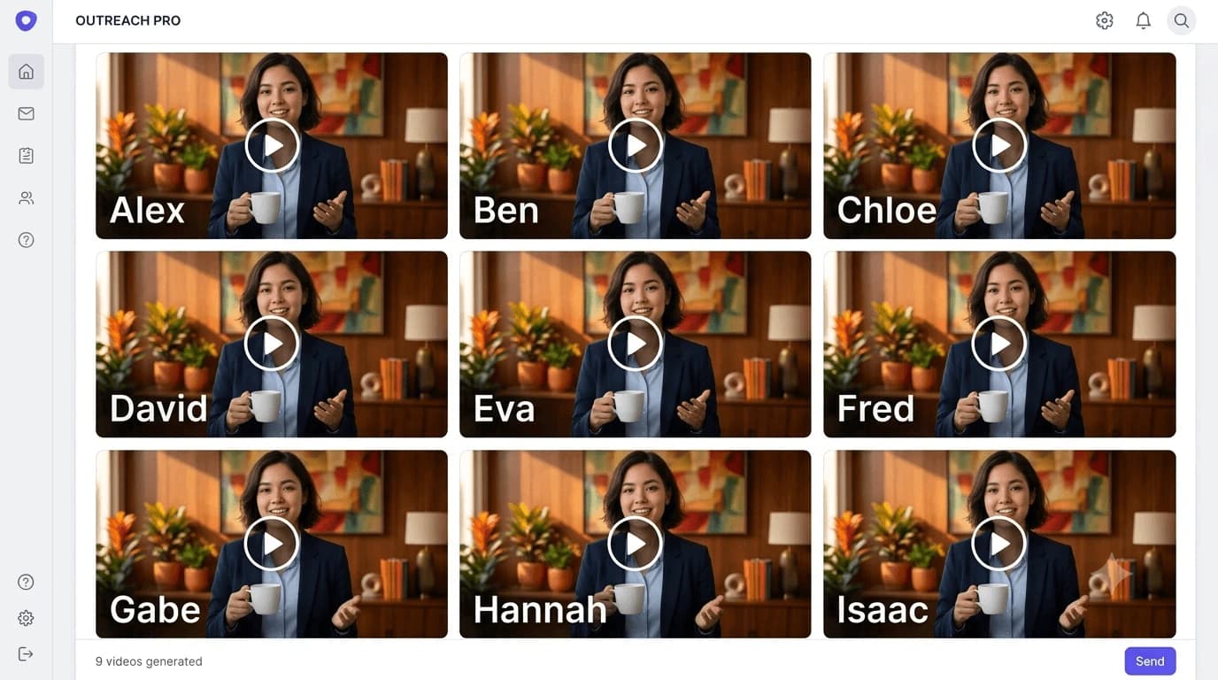Grid of nine personalised outreach video thumbnails with the same presenter and a different prospect name on each