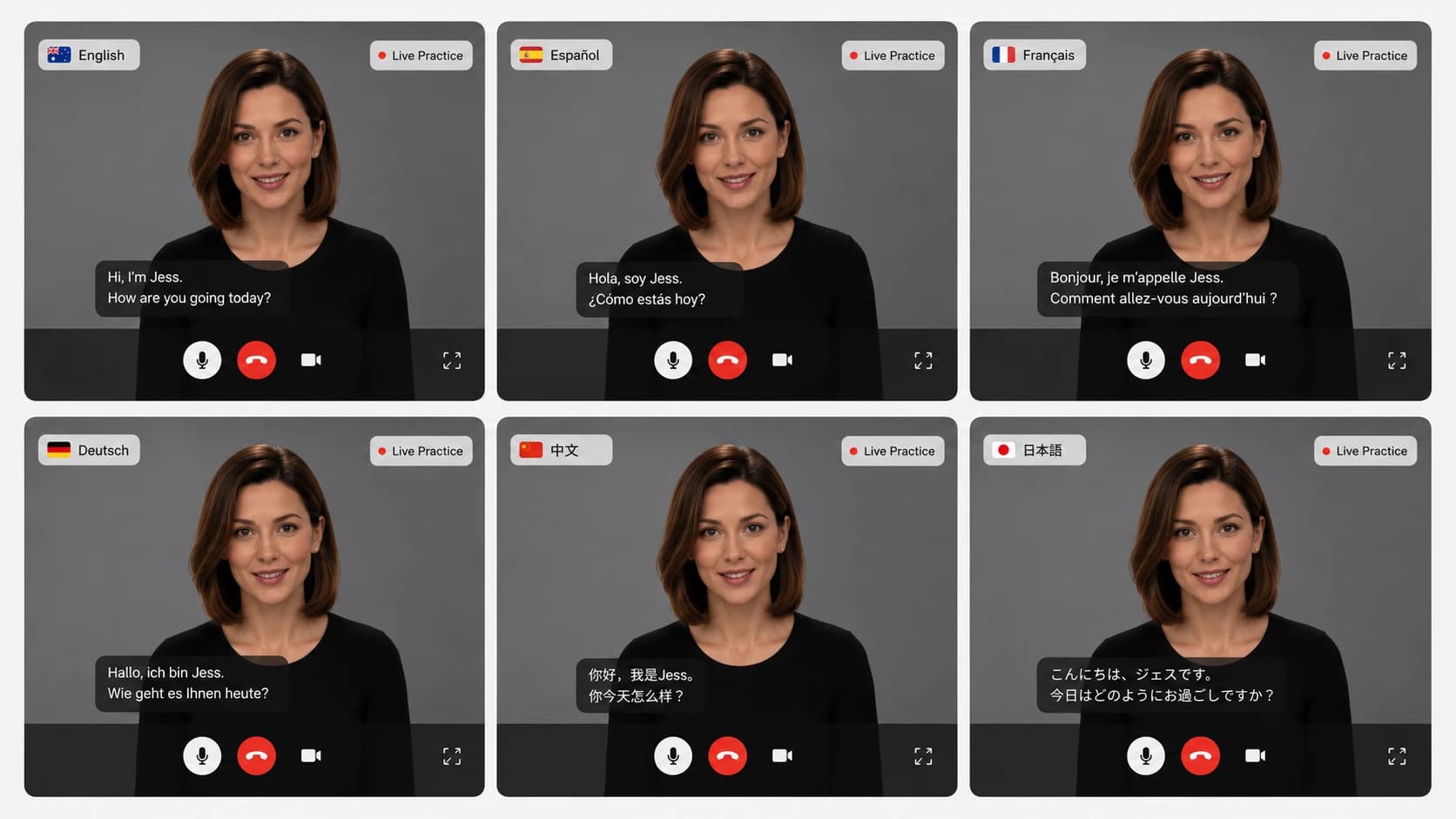 Grid of the same AI avatar trainer speaking in six languages, each tile marked with a language label