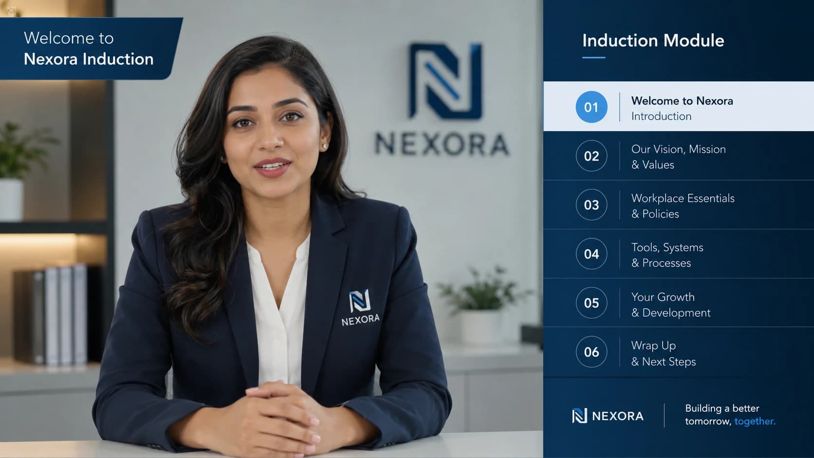 AI avatar presenter delivering an induction module on screen with chapter markers